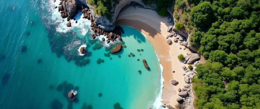 Aerial view of a serene tropical beach with gentle waves lapping at the shore, camera slowly panning over turquoise water and lush green cliffs, cinematic and tranquil.