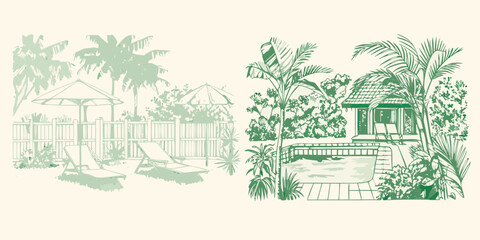 A peaceful tropical poolside scene with lounge chairs and palm trees © Suresh