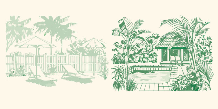A peaceful tropical poolside scene with lounge chairs and palm trees