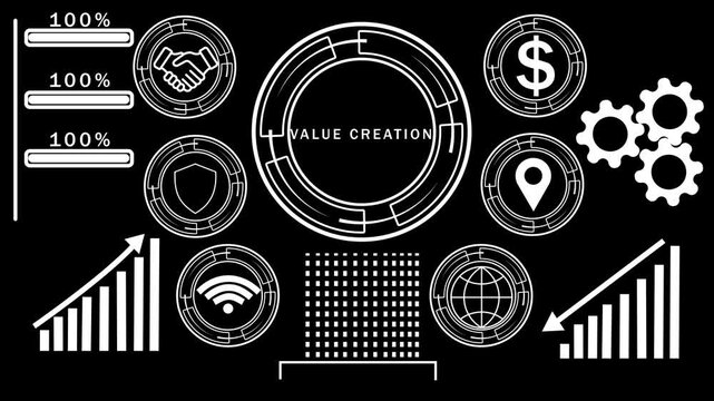 Futuristic digital infographic displaying value creation with interconnected for business growth finance and technology on a black background
