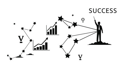 Silhouette of a person reaching for success with graphs and stars