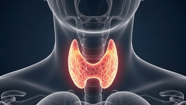 Human thyroid gland anatomy in the neck area. Medical health and endocrine system. Glowing 3D illustration of the thyroid organ inside a transparent body silhouette