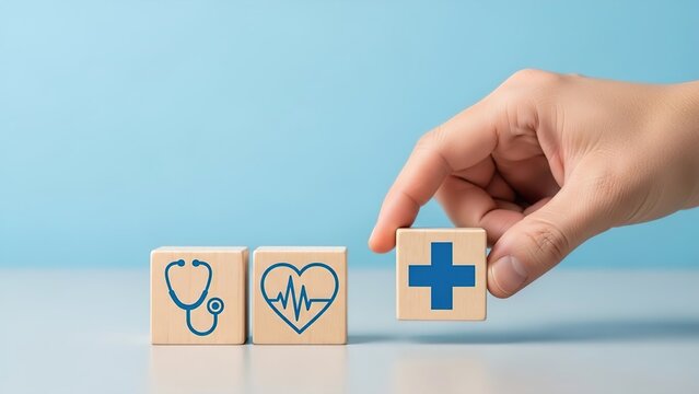 A hand placing a wooden block with a blue cross symbol next to blocks with stethoscope and heart icons, representing healthcare and medical services.