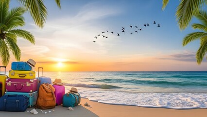 Colorful suitcases and travel bags on a tropical beach. Summer vacation and tourism. Luggage stacked on the sand near palm trees and the ocean during a beautiful sunset