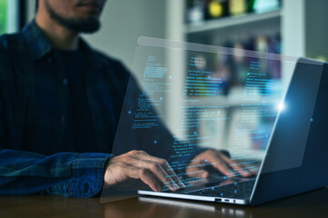 IT Information Technology. Developer presenting IT upgrade plan in modern office.