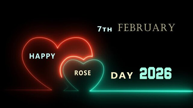 7th February Happy Rose Day 2026 neon sign animation with glowing heart icons on dark background for romantic Valentine celebration.