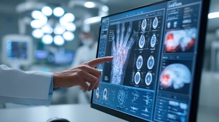 Doctor analyzes AIassisted evaluations on a large monitor showing detailed medical images with background medical equipment gently out of focus.