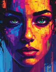 Woman's face depicted in vivid, fragmented, digital art style with intense eyes and pixelated, bright color palette