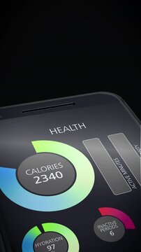 Vertical smartphone health app interface displaying calories, hydration, activity and inactivity metrics, representing modern digital health tracking and personal analytics.