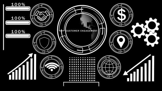 Futuristic digital dashboard illustrating customer engagement with for handshake shield dollar sign location gears wifi globe and bar charts on a black background