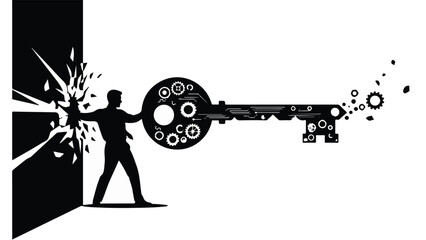 Silhouette of man breaking through door with giant key