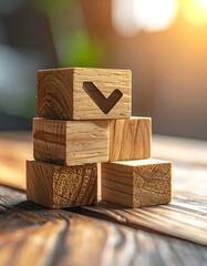 Wooden blocks stacked, topmost marked with check, lit softly, on wood grain surface against a bokeh background
