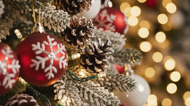 Close up of red Christmas ornaments with snowflakes and pinecones on a decorated tree with bokeh lights Keywords: Christmas, holiday, decoration, ornament, red, snowflake, pinecone, tree, festive