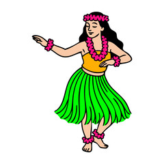 Aloha Hawaii. Dibujo con líneas de una mujer hawaiana bailando con un traje tradicional con falda de hojas © teracreonte