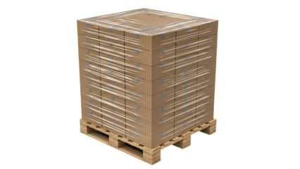 A stack of cardboard boxes on a wooden pallet ready for delivery transparent background