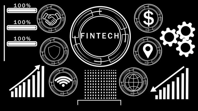High-tech digital interface illustrating fintech concepts with for handshake shield Wi- Fi dollar sign globe gears and bar graphs on a black background Keywords: high-tech interface, digital