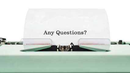 A typewriter with a paper that has Any Questions? on it transparent background