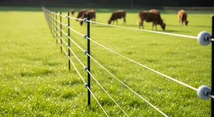 Electric fence in a green pasture with several brown cows grazing in the background. Agriculture and livestock farming concept.