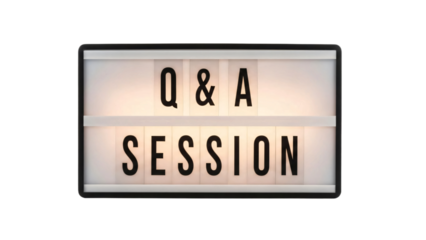 A sign reading Q & A SESSION lit up  transparent background