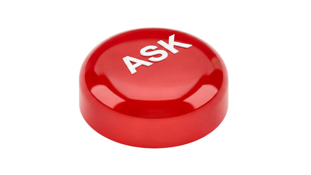 A red button with the word ASK embossed on its surface transparent background