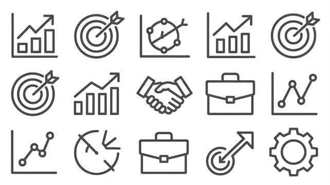 Business and finance icon set including charts targets handshake briefcase and gear for web and app design