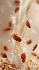Almonds swirl in a creamy splash of non-dairy milk, highlighting wholesome plant-based nutrition. This closeup captures vegan freshness and health in every drop.