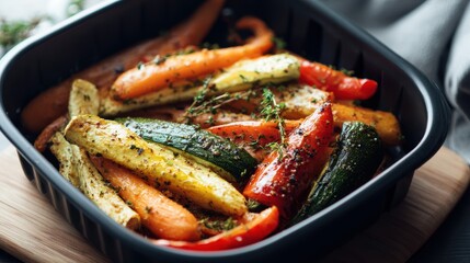Colorful roasted vegetables seasoned with herbs in a black tray. Fresh carrots, zucchini, and peppers create a healthy and vibrant homemade meal.