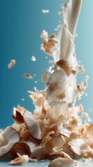 Fresh coconut flakes burst as creamy milk pours over them in a dynamic splash. This energetic macro shot highlights tropical flavor and wholesome vegan nutrition.