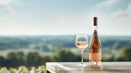 A chilled glass of ros&eacute; and a matching bottle rest on a wooden table outdoors. The tranquil countryside backdrop enhances the elegant summer relaxation vibe.