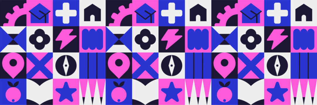 Colorful school mosaic pattern with geometry icons and kid book background.