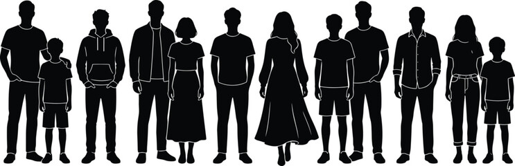 Diverse people silhouettes standing in a row representing community inclusion teamwork generations and modern society isolated on white background illustration