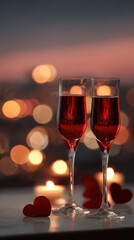 Two champagne flutes filled with sparkling red wine stand against a dreamy sunset bokeh. Candlelight and red hearts create a romantic, intimate atmosphere for celebration.