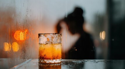 A whiskey cocktail in a glass sits on a wet surface, ice swirling beneath amber liquid. Blurred lights and a shadowy silhouette create a moody, atmospheric scene.