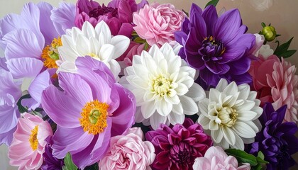 Colorful bouquet of purple, white, and pink anemones and ranunculus with layered petals and dark centers