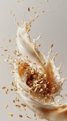 Golden oat flakes swirl in a dramatic milk splash. This dynamic macro captures breakfast freshness and healthy energy in stunning detail.