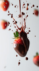 A fresh strawberry is dramatically splashed with rich chocolate. The dynamic, closeup shot highlights the dessert&rsquo;s indulgent and tempting appeal.