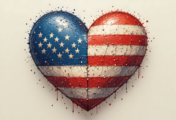 Heart shaped with American flag colors and stars with dripping paint effect stripes