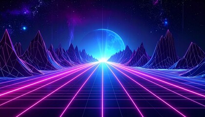 Neon grid road leading to glowing blue-purple planet with wireframe mountains and starry pink-purple sky