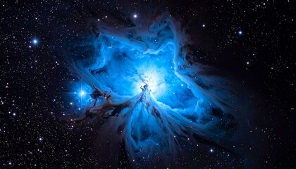 Vibrant nebula glowing blue at center with radiating gas clouds and stars in deep space