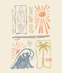 Minimal drawing for Vintage Surfboard, sunset Ray, big waves, palm tree. perfects for tee t-shirt, sweatshirt, artwork. summer beach graphics. summer sunset design.