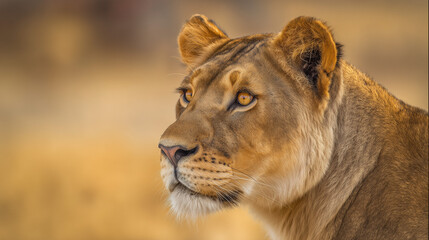 Obraz premium Lioness portrait with intense gaze and detailed fur in golden savannah setting. wildlife magazines, conservation campaigns, designed for wildlife conservation campaigns.