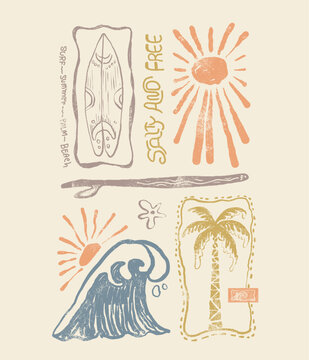Minimal drawing for Vintage Surfboard, sunset Ray, big waves, palm tree. perfects for tee t-shirt, sweatshirt, artwork. summer beach graphics. summer sunset design.