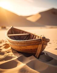 Wooden boat sits stranded on undulating golden sand dunes under a warm, bright sunlight