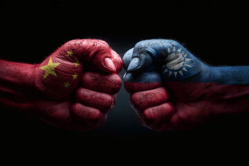 Symbolic confrontation of China vs Taiwan represented by two opposing hands.