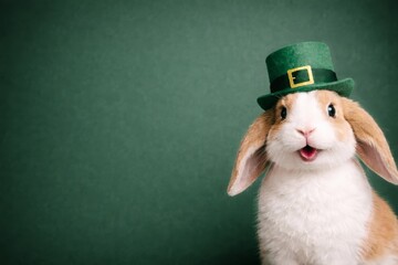 St . Patrick's Day bunny with leprechaun hat and left copy space with copy space for greeting card