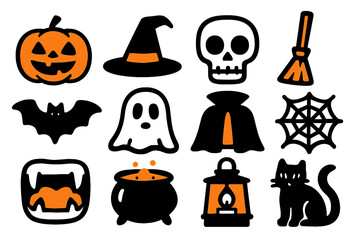 Bold Halloween Icons. Halloween Costume icon set in silhouette bold style. Contain pumpkin, witch hat, skull mask, broom, bat, ghost, cape, spider web, fangs, cauldron, lantern, black cat