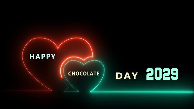 Vibrant Neon Hearts Happy Chocolate Day 2029 Celebration Background with Glowing Red and Blue Light Outlines.