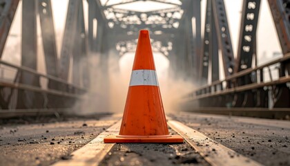 Orange traffic cone standing on a dirty, textured road surface with a blurry metal bridge structure and atmospheric haze in the background, signaling construction or road work ahead.