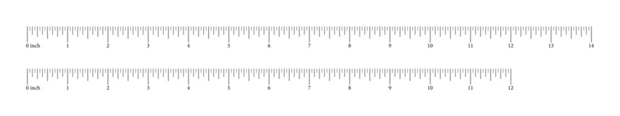 Measuring chart 12, 14 inches. Set of ruler scales twelve, fourteen. Sewing tool icons. Length measurement math, distance, height.