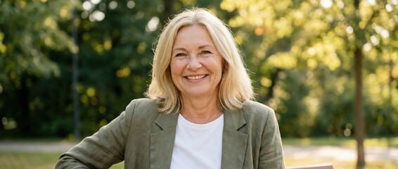 Senior woman smiling outdoors in park, happy, relaxed, confident, enjoying nature Concept of active aging, wellbeing, and lifestyle